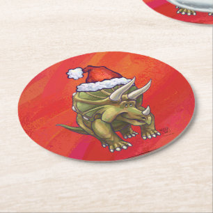 Dessous-de-verre Rond En Papier Tricératops Noël En Rouge