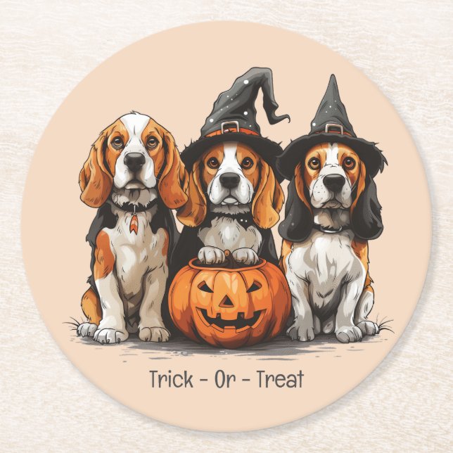 Dessous-de-verre Rond En Papier Trick Ou Treat Halloween Chiens Beagles (Devant)