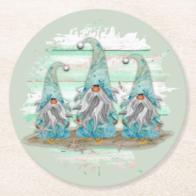 Dessous-de-verre Rond En Papier Tropcal Blue Watercolor Beach Gnomes (Devant)