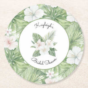 Dessous-de-verre Rond En Papier Tropical Feuilles Hibiscus Floral Mariage