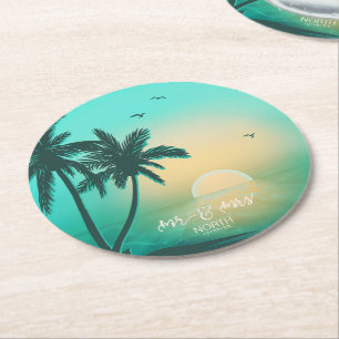 Dessous-de-verre Rond En Papier Tropical Isle Sunrise Mr & Mrs Turquoise ID581