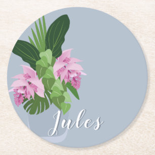 Dessous-de-verre Rond En Papier Tropical Medinilla Fleur rose en bleu Nom de la va