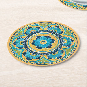 Dessous-de-verre Rond En Papier Tuile mexicaine florale bleue