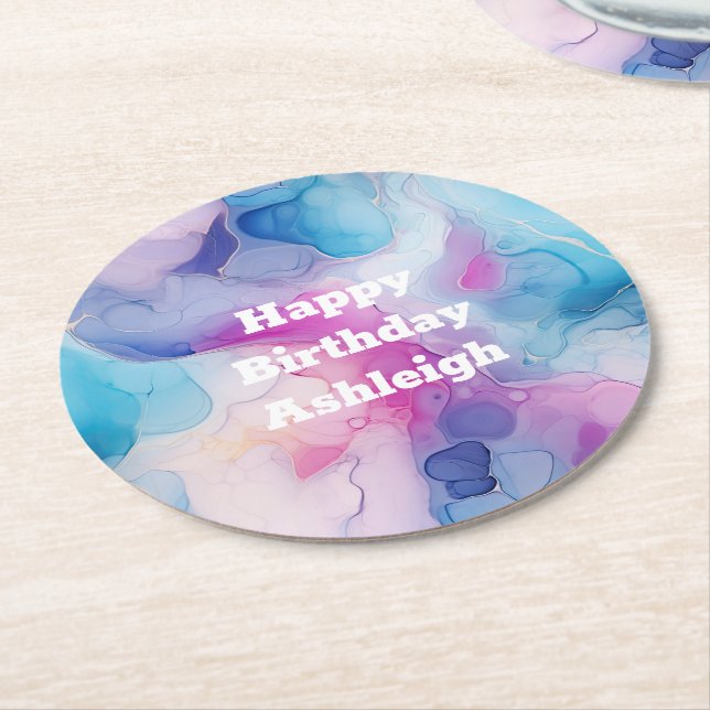 Dessous-de-verre Rond En Papier Turquoise Aqua Marbre rose violet Anniversaire (Incliné)