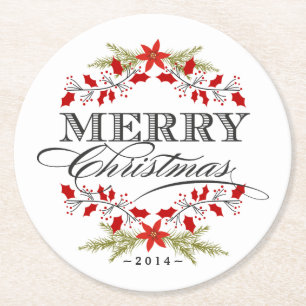 Dessous-de-verre Rond En Papier Typographie élégante de cru de Noël de houx