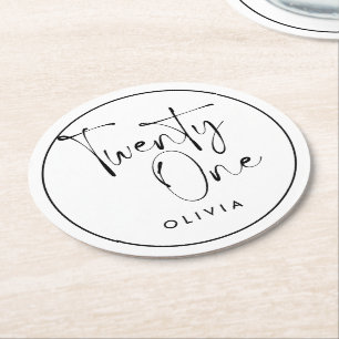 Dessous-de-verre Rond En Papier Typographie moderne noir blanc 21 anniversaire pho