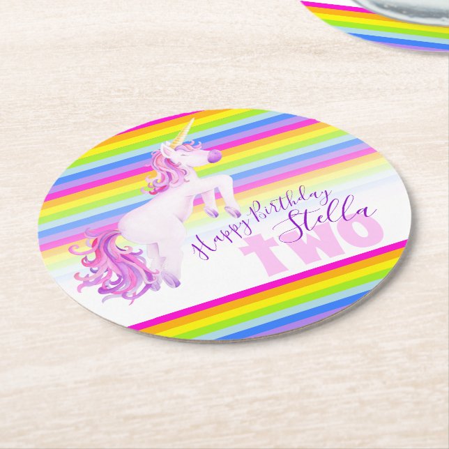 Dessous-de-verre Rond En Papier Unicorn arc-en-ciel 2e anniversaire dessous de ver (Incliné)