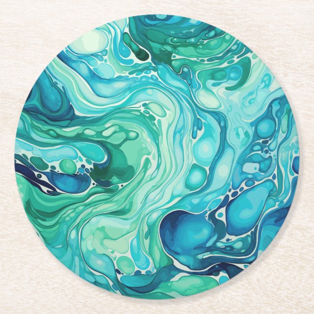 Dessous-de-verre Rond En Papier Vague encre 1 bleu turquoise (Devant)