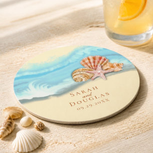 Dessous-de-verre Rond En Papier Vague romantique bleu océan & coquillages de maria