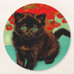 Dessous-de-verre Rond En Papier Van Gogh Chat noir Fleurs rouges