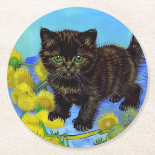 Dessous-de-verre Rond En Papier Van Gogh Style Chat avec tournesol