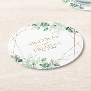 Dessous-de-verre Rond En Papier Vert botanique moderne Mariage d'or Eucalyptus