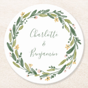 Dessous-de-verre Rond En Papier Vert Floral Aquarelle Verdure Mariage personnalisé