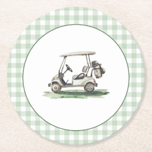 Dessous-de-verre Rond En Papier Vert Sauge Gingham Golf Nouveau au Club