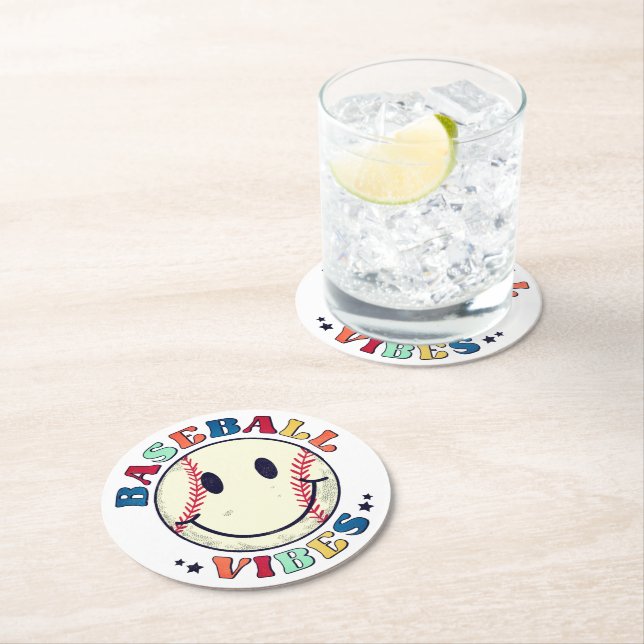 Dessous-de-verre Rond En Papier Vibes De Baseball Happy Face Ball (En situation)