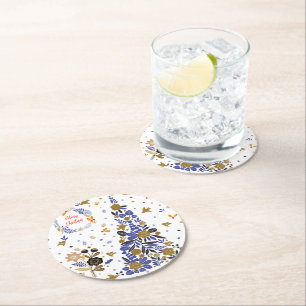 Dessous-de-verre Rond En Papier Vintage bleu Noël Oiseau Fleurs Arbre