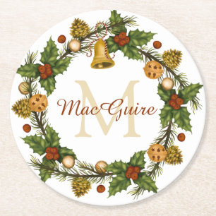 Dessous-de-verre Rond En Papier Vintage Élégant monogramme de couronne de Noël 