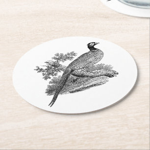 Dessous-de-verre Rond En Papier Vintage faisan Jeu Oiseau Dessin BW
