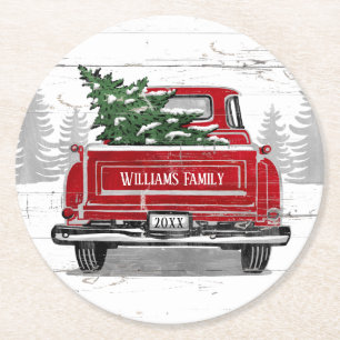 Dessous-de-verre Rond En Papier Vintage Red Truck Christmas Tree Nom de famille