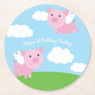 Dessous-de-verre Rond En Papier Voler Cochon Anniversaire Fête Enfants