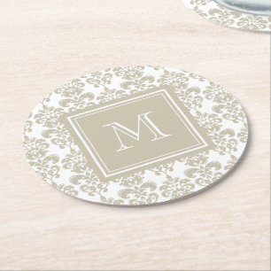 Dessous-de-verre Rond En Papier Votre monogramme, motif beige 2 de damassé