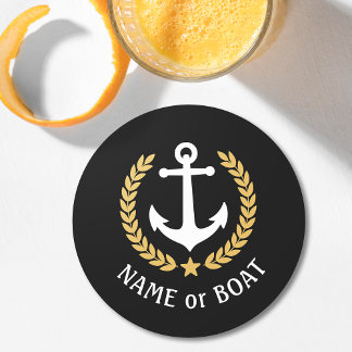 Dessous-de-verre Rond En Papier Votre nom de bateau Ancre Gold Laurel Star Black