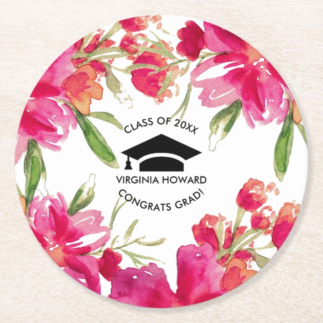 Dessous-de-verre Rond En Papier Watercolor Floral Graduation Party (Devant)
