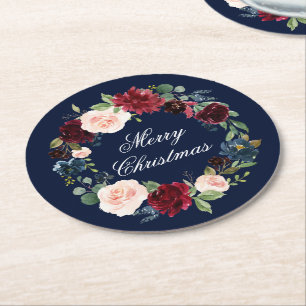 Dessous-de-verre Rond En Papier Watercolor Floral Wreath Élégant Joyeux Noël