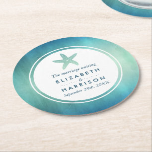 Dessous-de-verre Rond En Papier Watercolor Ocean Starfish Beach Wedding