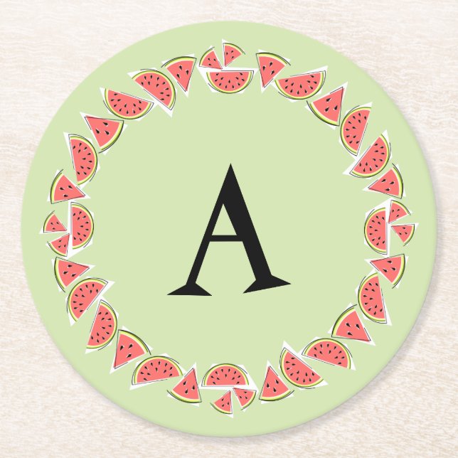 Dessous-de-verre Rond En Papier Watermelon Green Pièces Cercle Monogramme (Devant)