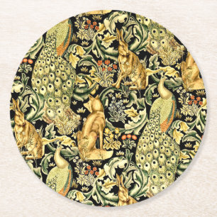 Dessous-de-verre Rond En Papier William Morris Forêt Tapisserie Fox Hare Peacock