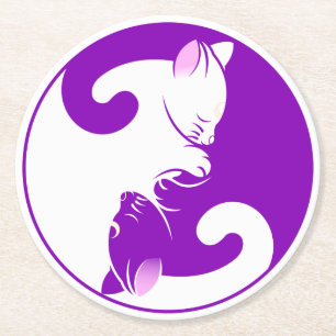 Dessous-de-verre Rond En Papier Yin Yang Chats Zen Yoga Méditation Purple Blanc