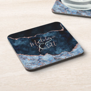 Dessous-de-verre Rose bleu marine Gold Agate Marbre Mariage Monogra