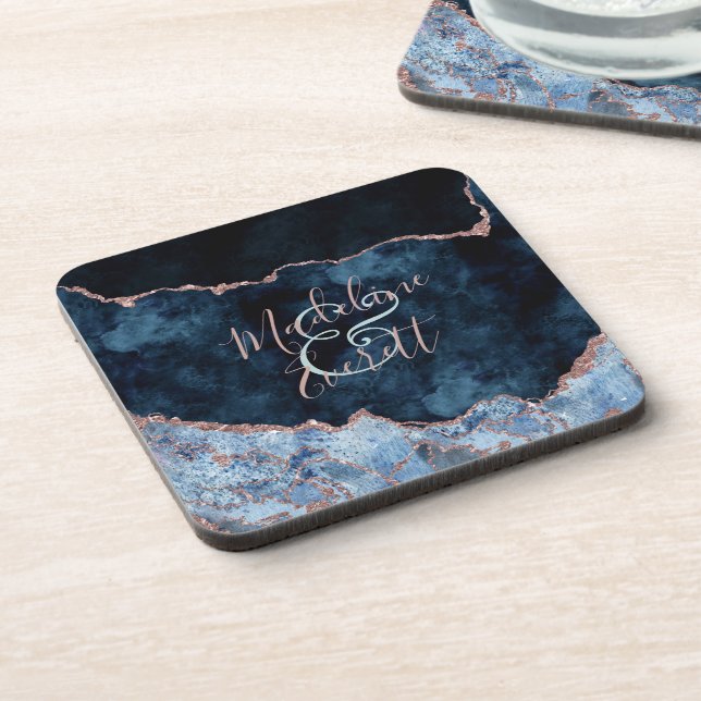 Dessous-de-verre Rose bleu marine Gold Agate Marbre Mariage Monogra (Côté gauche)