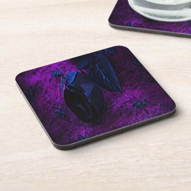 Dessous-de-verre Rose éffrayant en matière noire, araignées noires (Côté gauche)