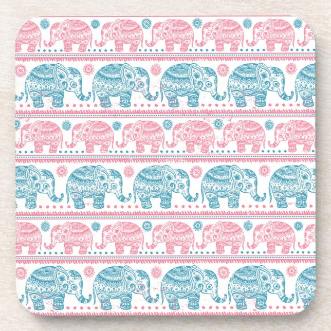 Dessous-de-verre Rose et motif ethnique turquoise d'éléphant (Devant)