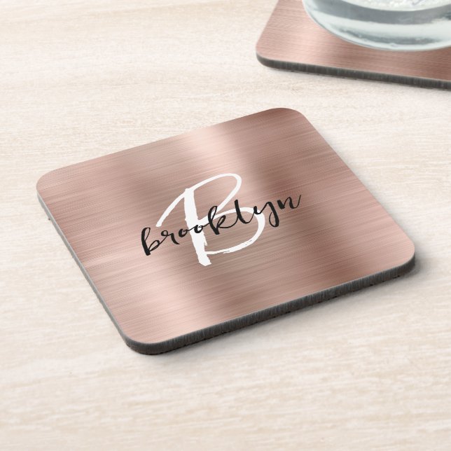 Dessous-de-verre Rose Gold Métal Brossé Monogramme Noir Blanc  (Côté gauche)