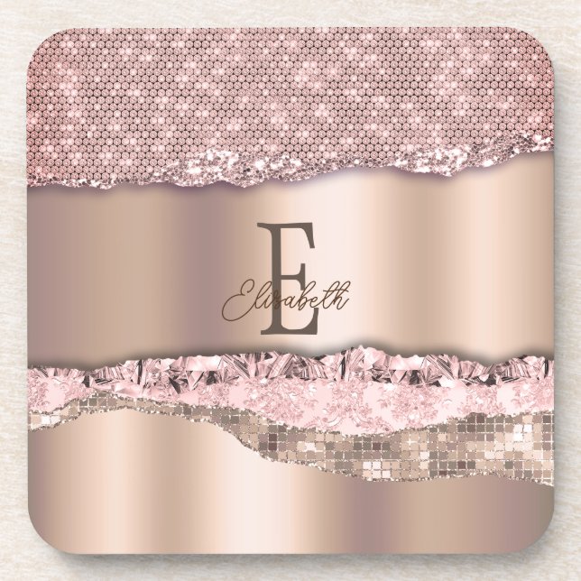 Dessous-de-verre Rose Gold Tendance Diamants Paillettes Monogramme (Devant)