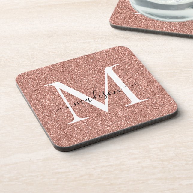 Dessous-de-verre Rose moderne Gold Glitter Script Monogram Nom Glam (Côté gauche)