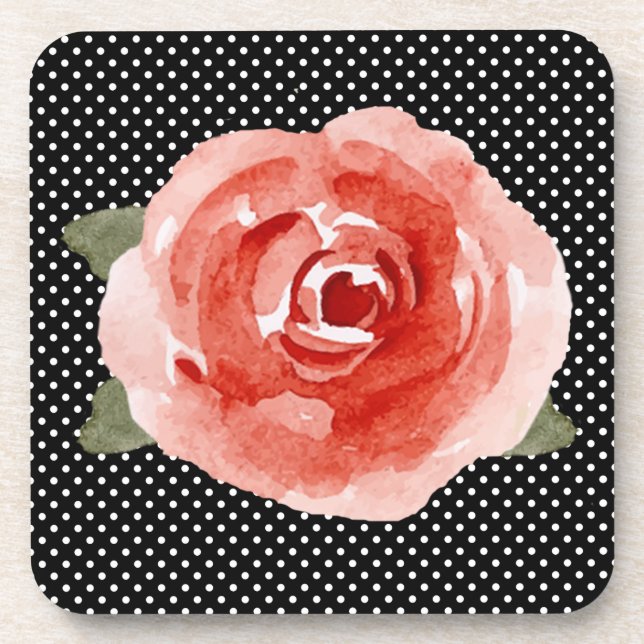 Dessous-de-verre Rose rouge sur point Polka noir et blanc (Devant)