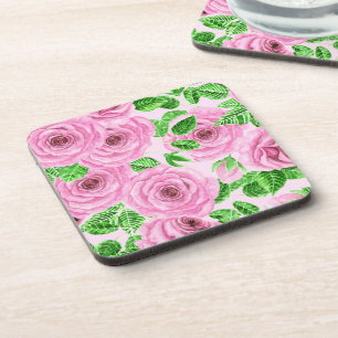 Dessous-de-verre Roses d'aquarelle rose avec feuilles et pattes de