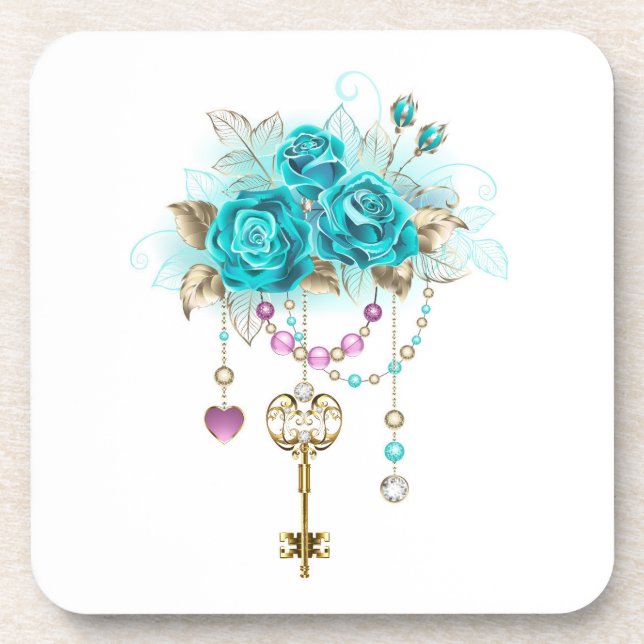 Dessous-de-verre Roses turquoise avec touches (Devant)