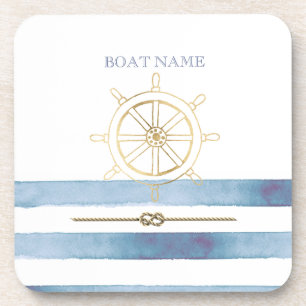 Dessous-de-verre Roue nautique en or, Bleu Aquarelle
