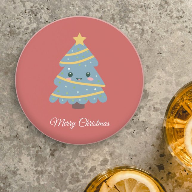 Dessous de verre rouge avec arbre de Noël Kawaii (Red Coaster with Kawaii Christmas Tree)