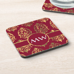 Dessous-de-verre Rouge et motif de damassé de monogramme d'or