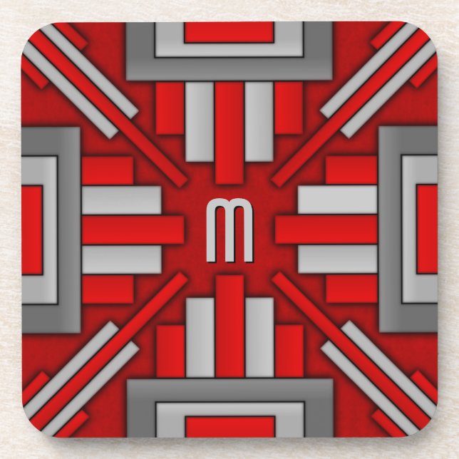 Dessous-de-verre Rouge-Gris géométrique des années 1920 d'art déco (Devant)