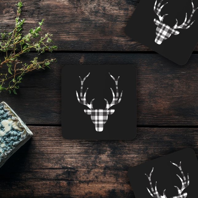 Dessous-de-verre Rustic Elegant Christmas Plaid Deer  (elegant chic black plaid deer coaster )
