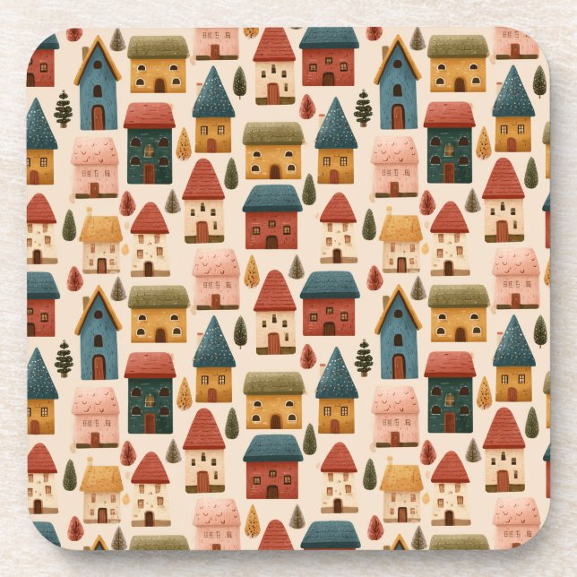 Dessous-de-verre Rustic Festive Christmas Houses Seamless Pattern (Devant)