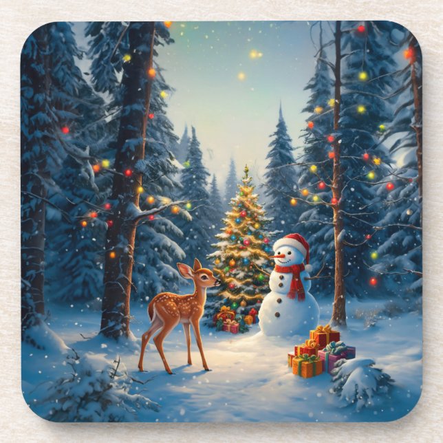 Dessous-de-verre Scene d'arbre de Noël Cute Deer Fawn Snowman (Devant)