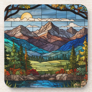 Dessous-de-verre Scène de montagne boisée vitrail vintage